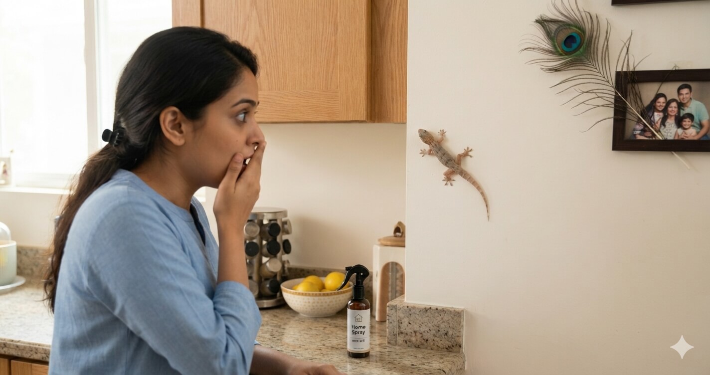 Ghar se chipkali bhagane ke upay ke liye ek chintit mahila kitchen me deewar par chipkali ko dekhte hue"